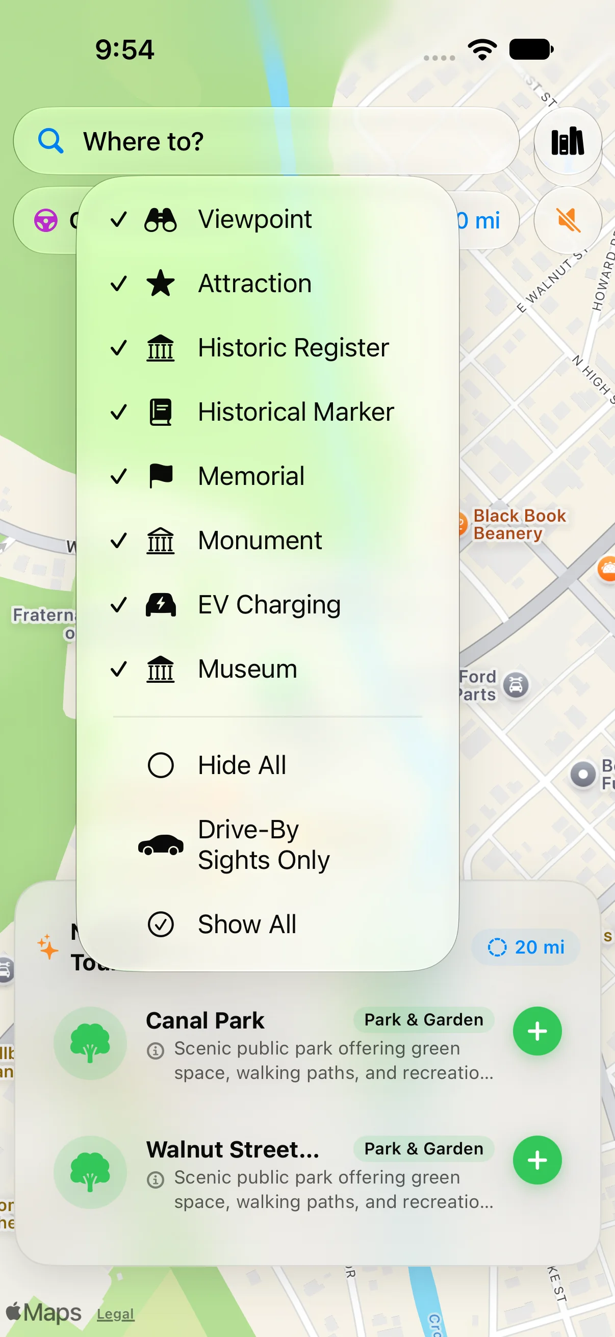 The category chooser in the WanderWay Nearby panel